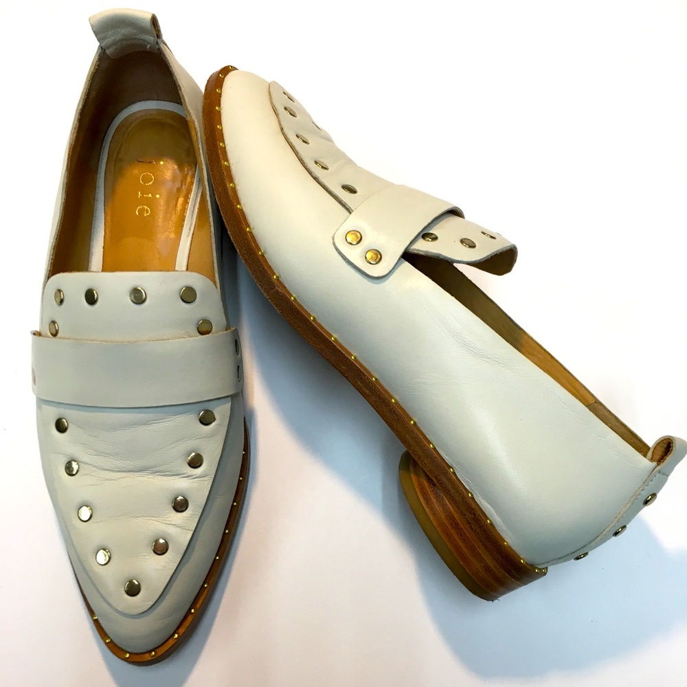 Joie Taron  Pointy Toe Stud Leather Slip On Loafers 6 Cream Gold Preppy Office